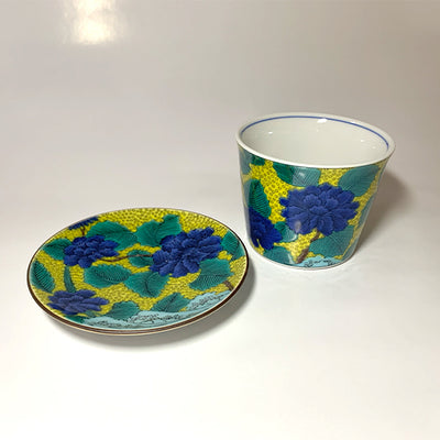 KUTANIYAKI Sake Cup and Small Plate Set, SEIKOUGAMA "BOTAN"